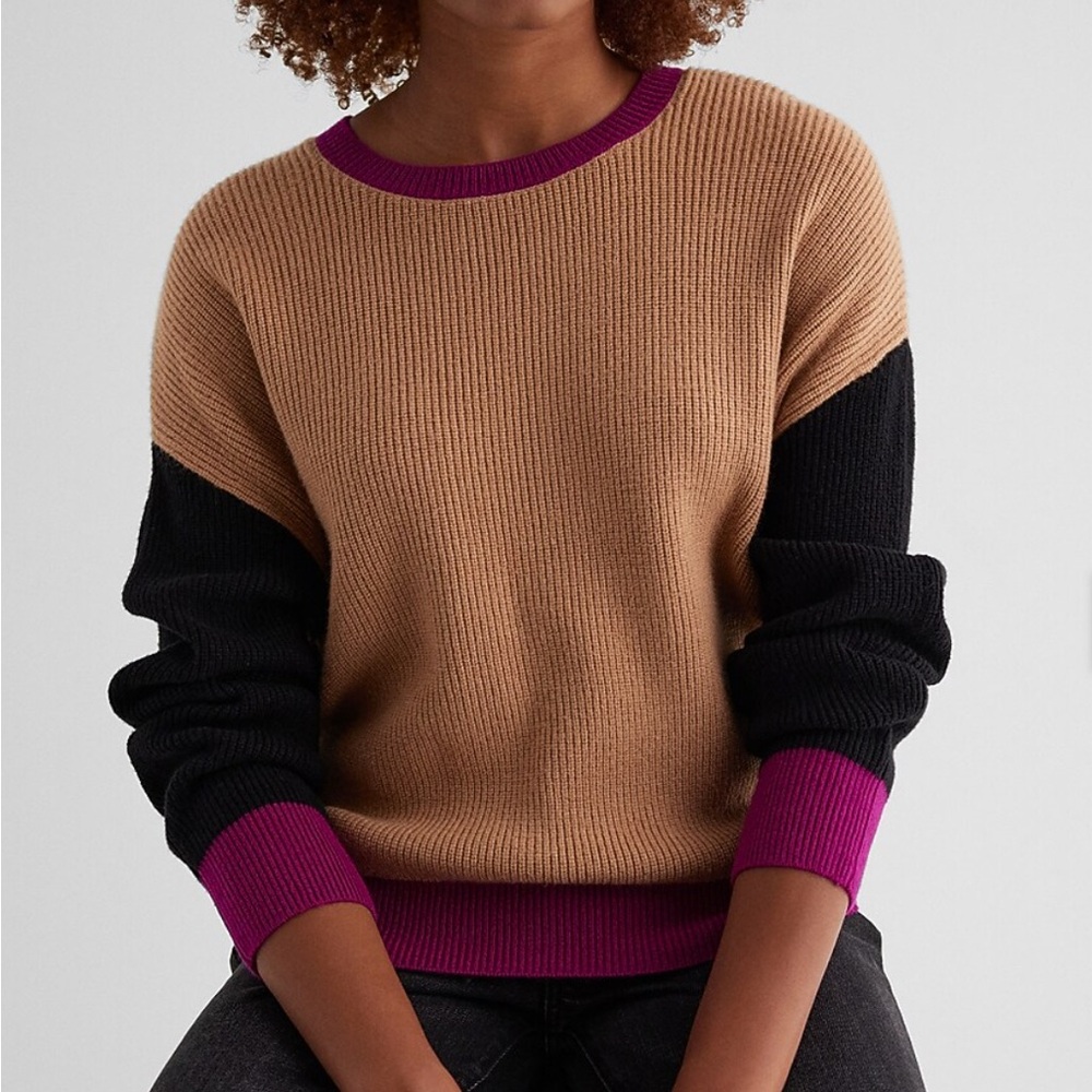NWT Express Small Color Block Ribbed Knit Sweater Tan Black Pink Drop Shoulder